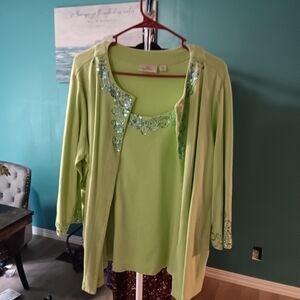 2 Piece Quacker Factory Light Green Embellished Blouse With Matching Carnigan